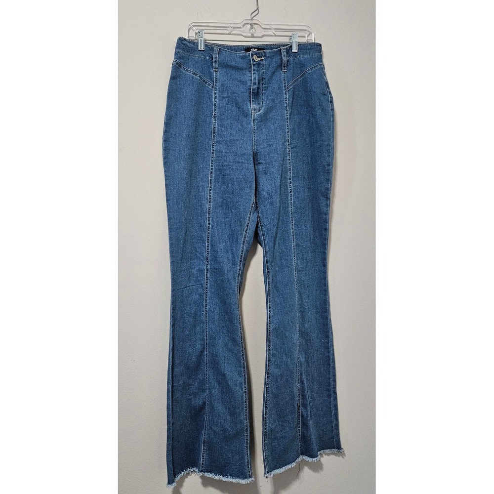 YMI Womens High Rise Seamed Front Flare Jeans Medium Wash Raw Hem Size 15/32